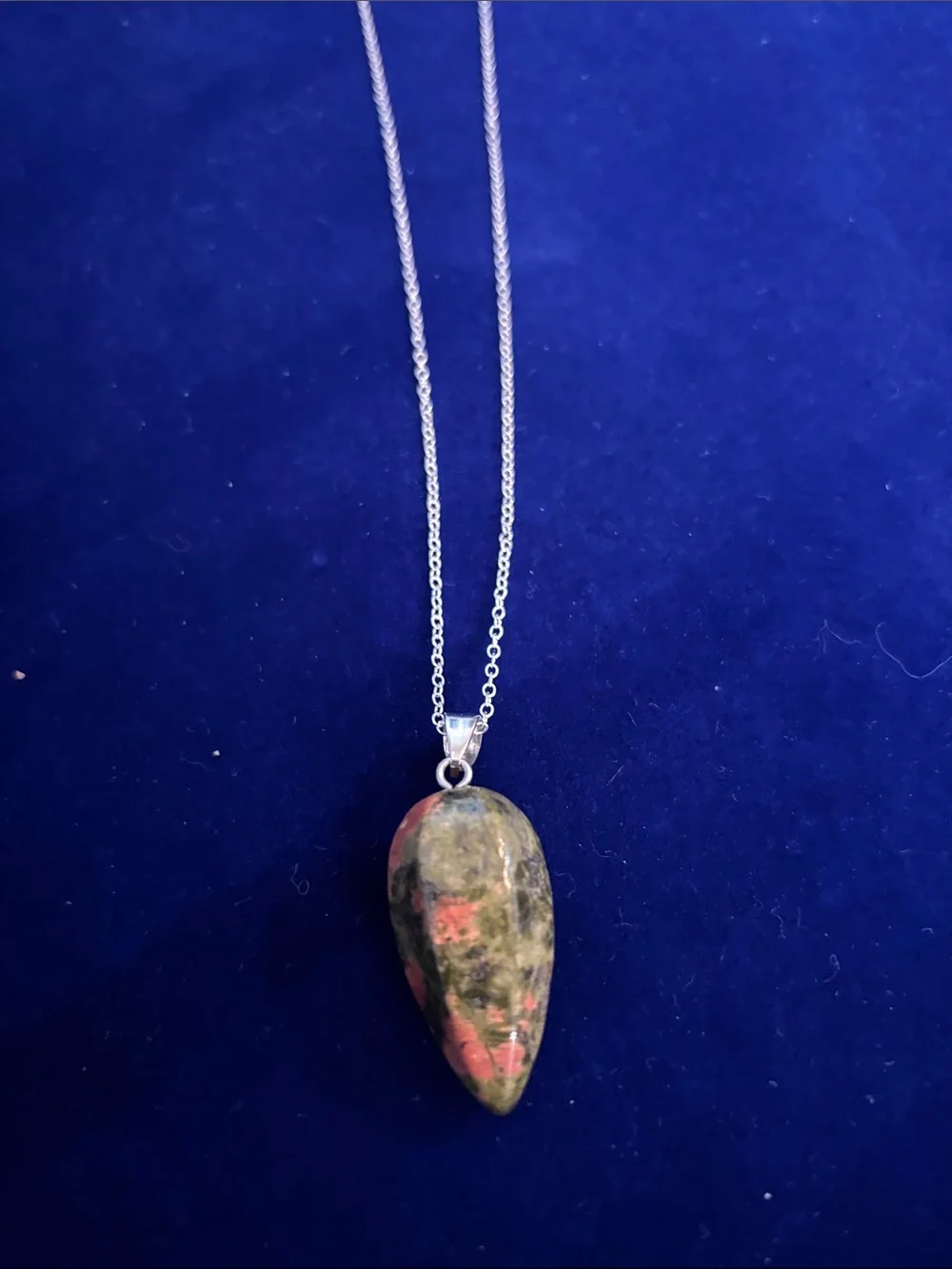 Genuine Natural Green Red Unakite Bullet Pendant on 22” Sterling Silver Chain